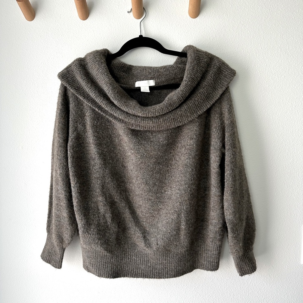 H&M Off-the-Shoulder Sweater | Cowl Neck | Oversized Sweater | Dark Taupe Brown